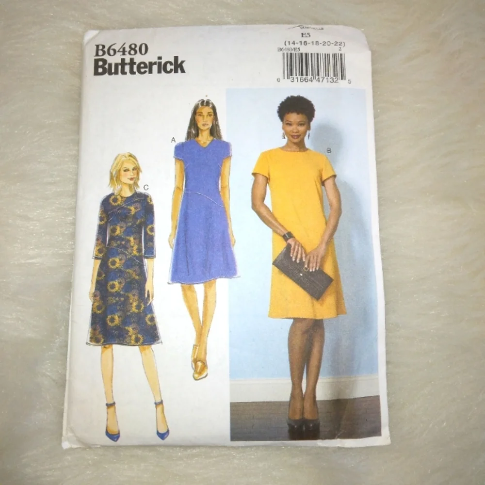 BUTTERICK B6480 SZ 14-22 EASY Misses fitted dress w/neckline sleeve variations